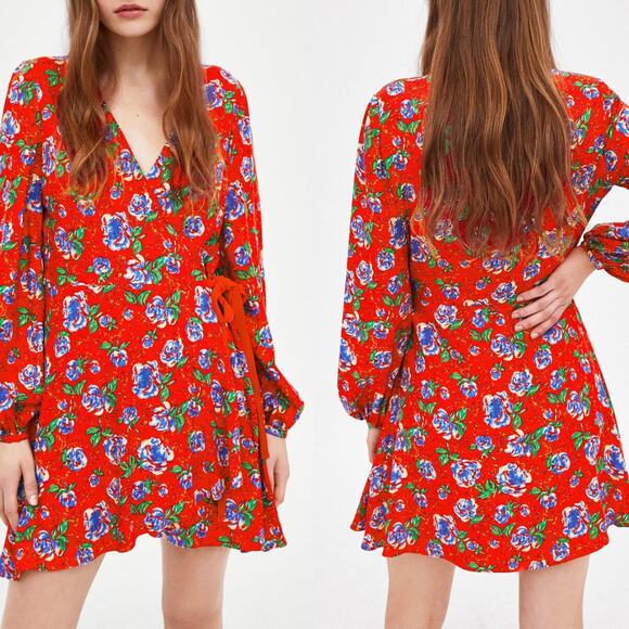 Zara | Red Floral Print Long Sleeve V-neck Crossover Mini Romper Dress - Picture 1 of 13